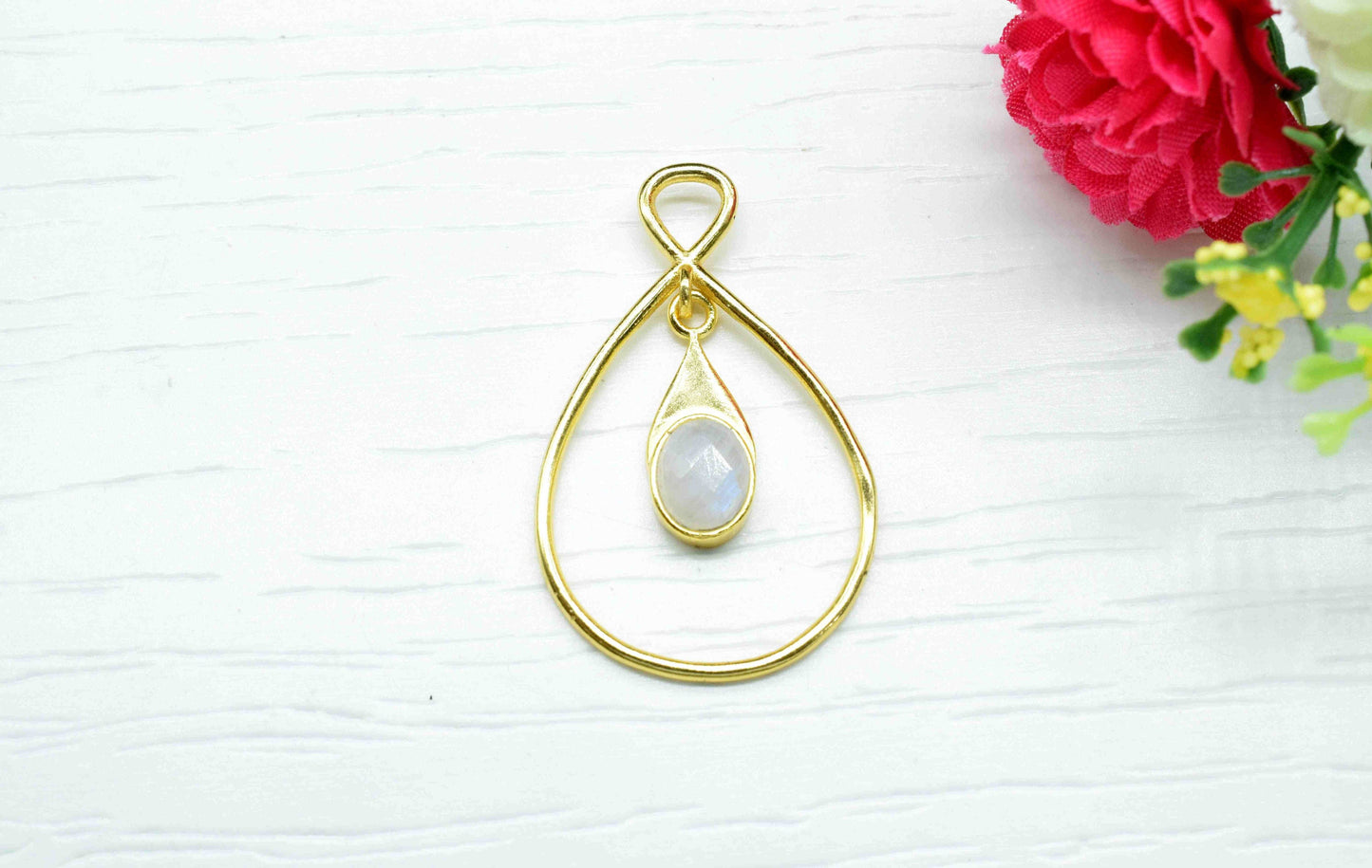 Moonstone  Component , Single Bail Charm , Moonstone Connector Pendant , Gold Plated Connectors , Earring Component , B'day Gift