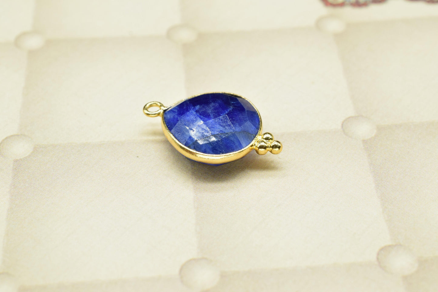 Genuine Sapphire Gemstone Pendant,Sapphire Gold Plated bezel jewelry making,blue Sapphire Brass connector,Sapphire 14mm Heart shape Charms