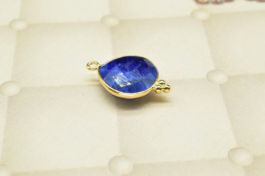 Genuine Sapphire Gemstone Pendant,Sapphire Gold Plated bezel jewelry making,blue Sapphire Brass connector,Sapphire 14mm Heart shape Charms