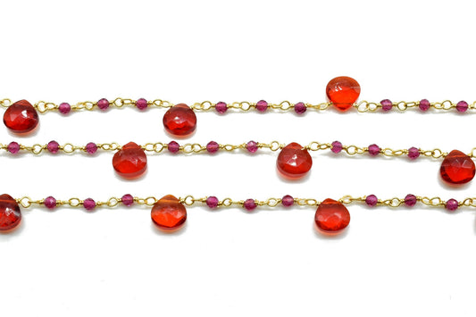 Carnelian,Pink chalcedony 2mm Beaded & Heart shape Chain,Beaded Wire Wrapped Gemstone Beads,Faceted Rosary Chain,Gemstone rosary style chain