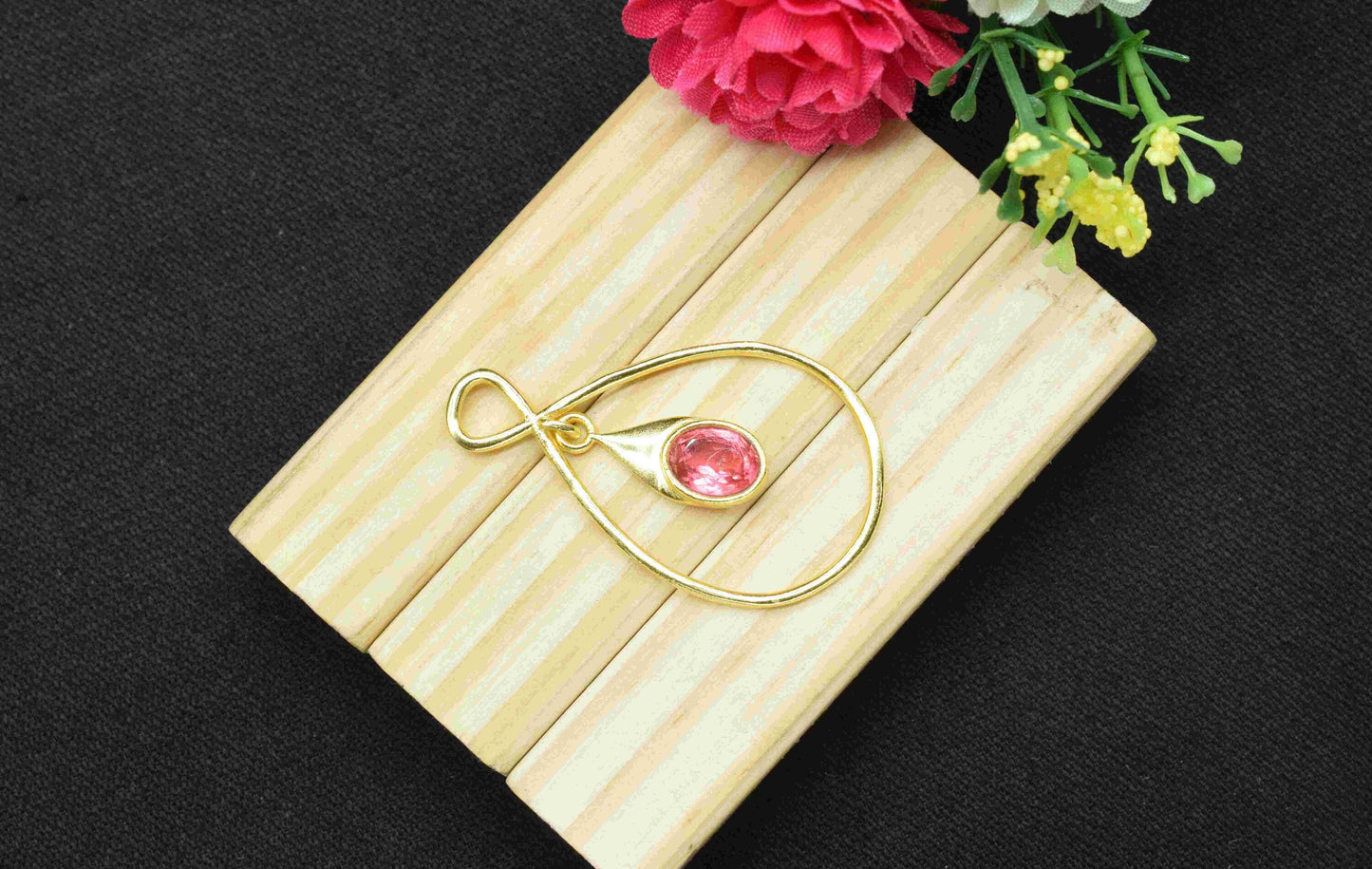Pink Tourmaline Component , Single Bail Charm , Pink Tourmaline Connector Pendant , Gold Plated Connectors , Earring Component , B'day Gift