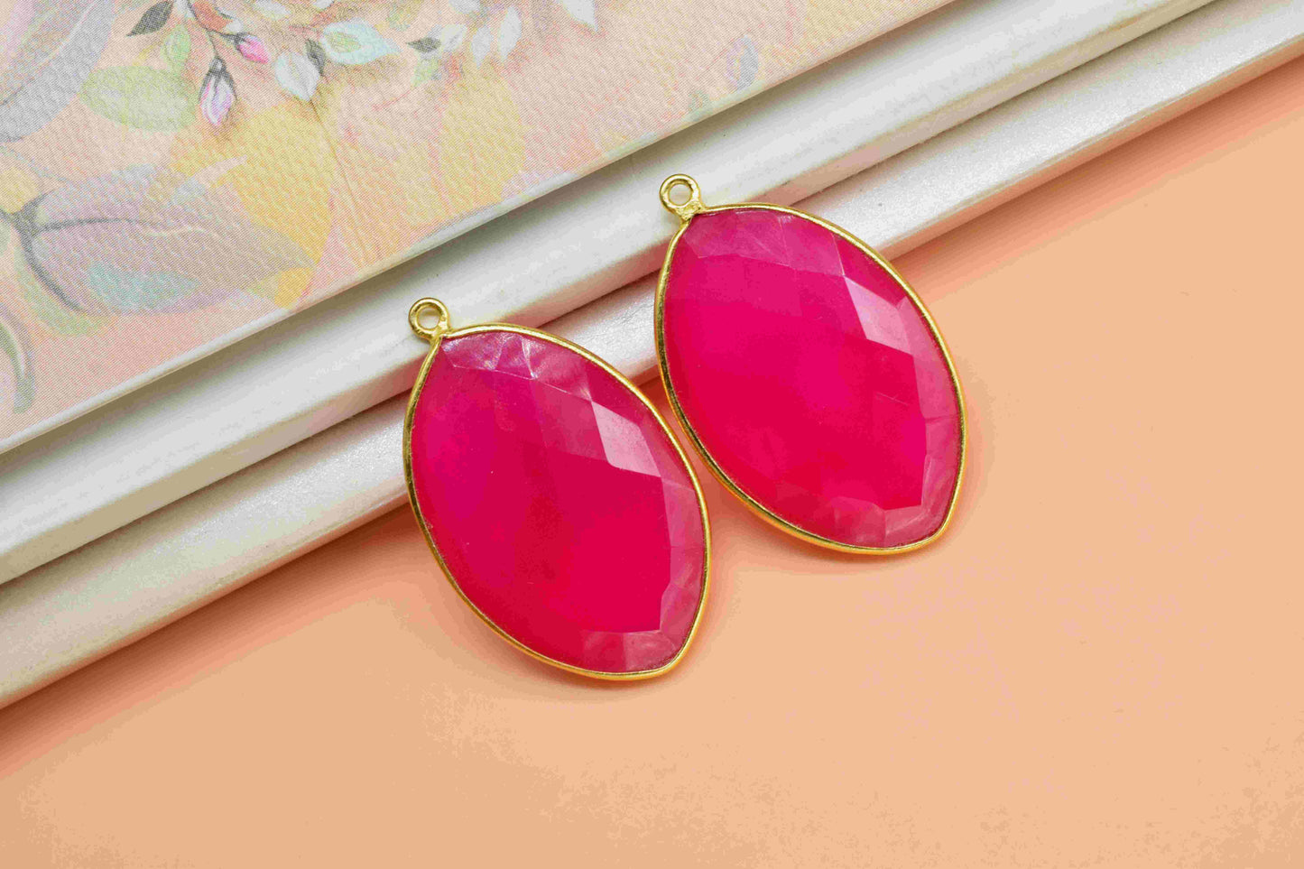 Pink Chalcedony Bezel, 20x30mm Marquise Shape Pendant, Single Bail Connector, Gemstone Bezel Charm,Handmade Bezel Pendant,Chalcedony Jewelry