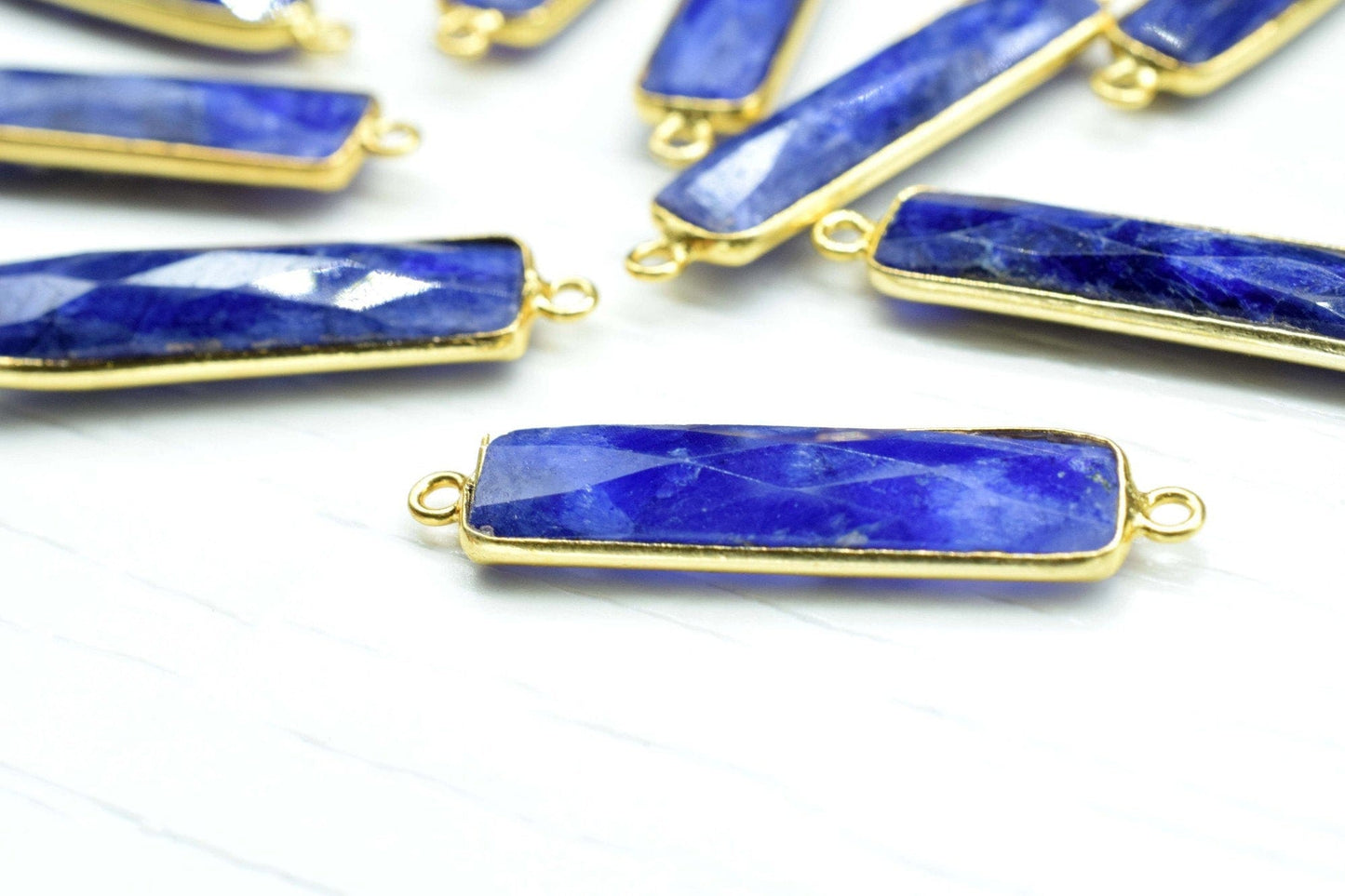 Blue sapphire 6x26mm Bezel Charm Pendant,Rectangle Shape Gold Plated bezel,Gold Vermeil Bezel, jewelry making charm,Gold-Filled bezel charm