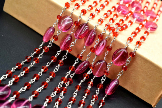 Natural Pink chalcedony Smooth Oval Rosary Style Beaded Chain,Gold Plated Wire Wrapped Chain,Gemstone Linked Handmade Chain,Jewelry Making,