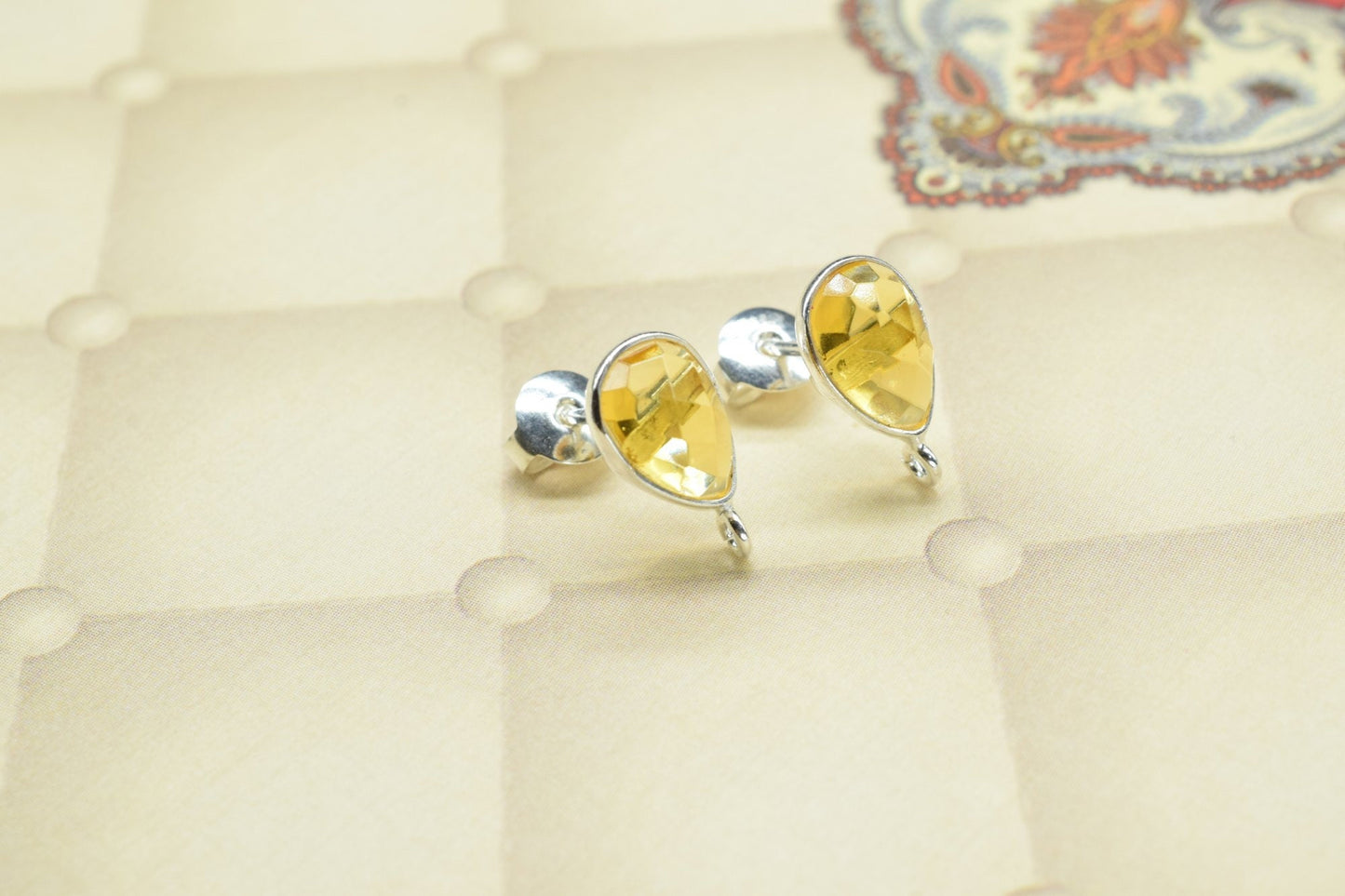 Citrine 7x10mm Teardrop shape Earring connector Stud post setting with loop open bail, Citrine Silver Plated Earring With Loop