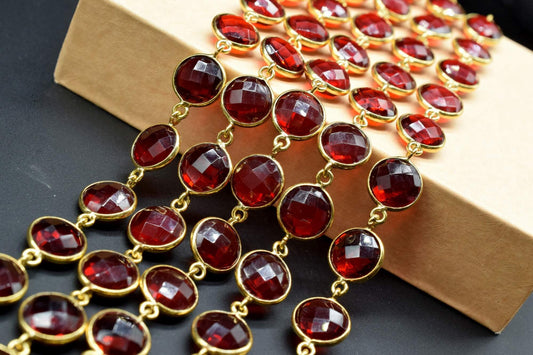 Garnet Round Shape connector link chain,Garnet 18k Gold Plated Bezel chain,Red Quartz Chain,Charm Link Connector,Gemstone  Connector Chain