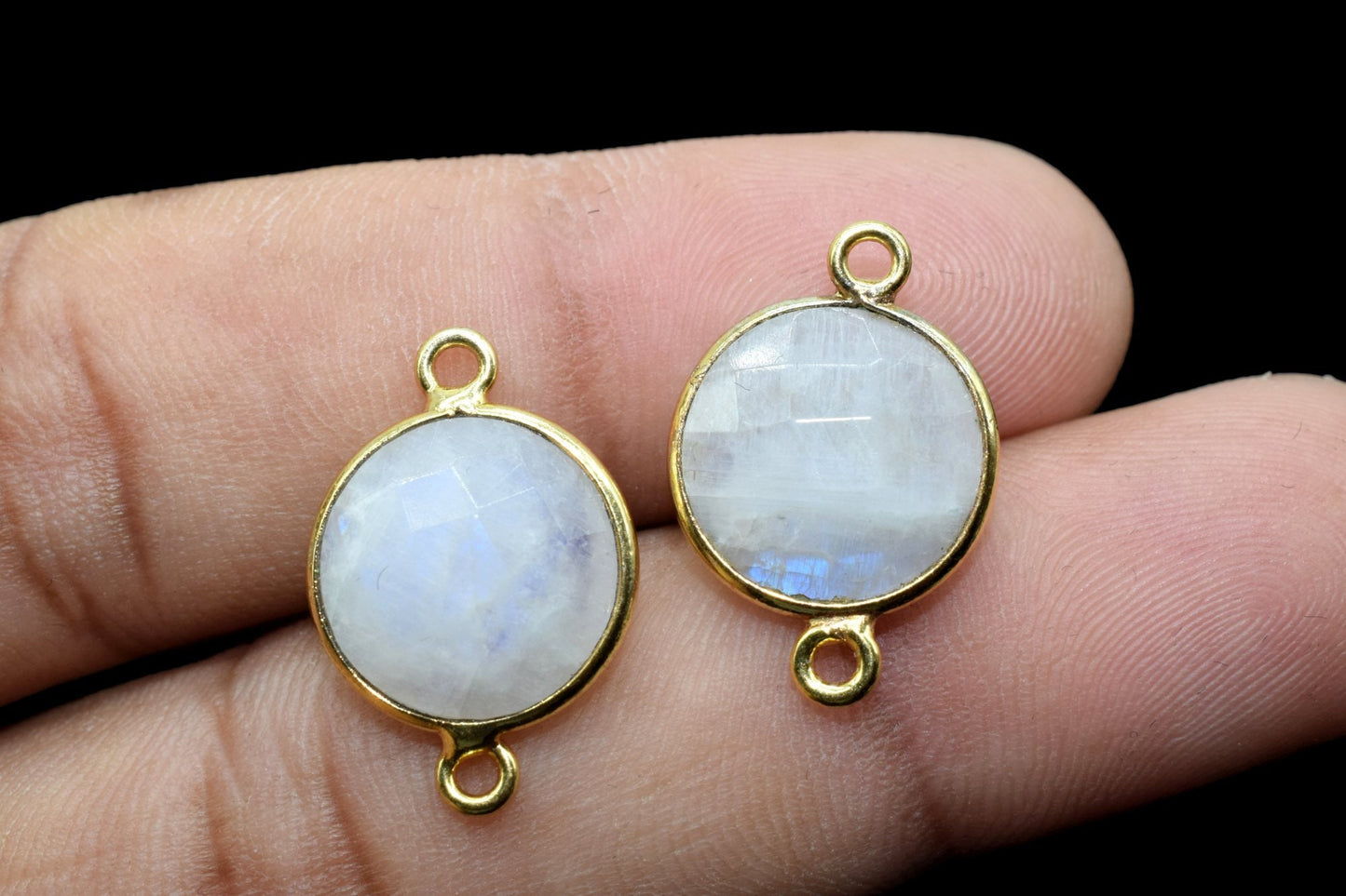 Moonstone 12mm Round double loop connectors,Moonstone Pendant,Round Gold Plated bezel,Moonstone charms,Moonstone Brass connectors,Moonstone