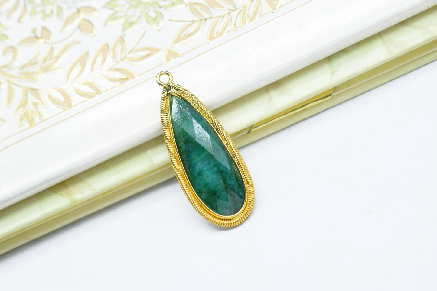 Emerald 10x30mm Charms,Gemstone Bezel connector,Single Bail Pendant Charm,Handmade pendant Jewelry,Teardrop Charms connector,Bday Gift