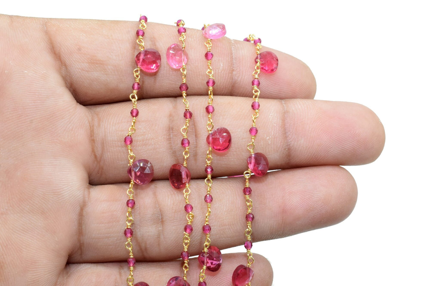 Pink Tourmaline 2mm Beaded & Heart shape Chain,Beaded Wire Wrapped Fuchsia Diamond Cut Gemstone Beads,Faceted Rosary Chain,Gems Rosary Style