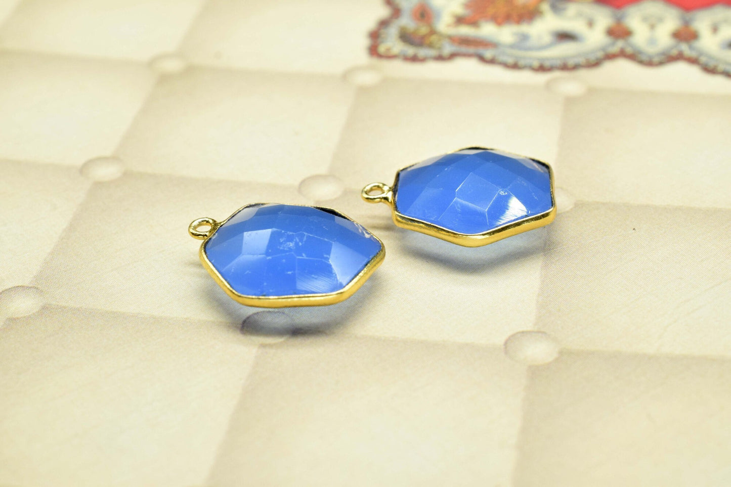 Blue chalceeony 16mm Hexagon Shape Pendant,Faceted Hexagon Shape Gemstone Bezel,Hexagon Pendants,Gold Plated Single Bail Gemstone Connector