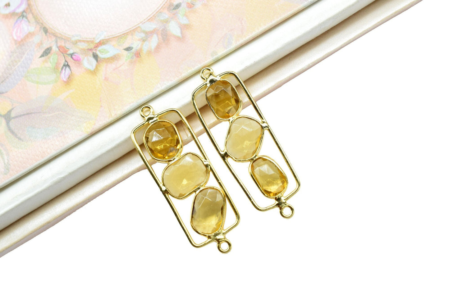 Citrine Quartz Gemstone Dangle Earring Component,Findings 14X38mm Necklace Jewelry Connectors,Citrine Finding Gold Plating Double Bail Charm