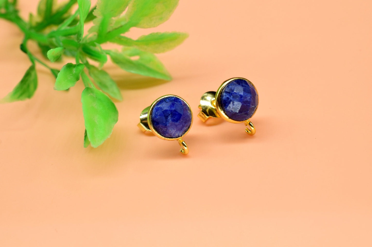 Blue sapphire 8mm Round Earring Connector,Gemstone Connector Post Stud,Craft Supplie,Jewelry Findings,Jewelry Making Connector,Sapphire Stud