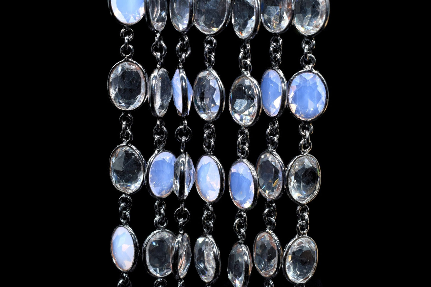 Opalite & Crystal Bezel link Chain I Handmade Bezel Link Chain, black rhodium Bezel Chain,Brass Chain,Gemstone Connector Chain Per Foot