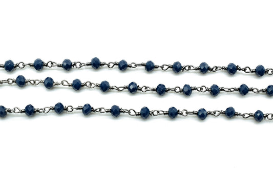 Blue Agate 3mm Beaded Chain,Blue Agate Rosary Chains,Blue Agate Black rhodium Wire Wrap Chain,Brass chain,Jewelry Making Chain,Rosary chain