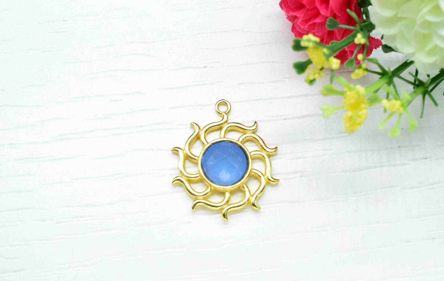 Blue Chalcedony Gemstone Component, Single Bail Charm ,Blue Chalcedony Connector Pendant , Gold Plated Connectors , Earring Component ,