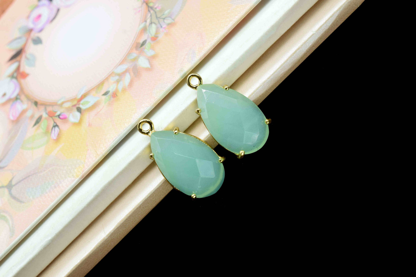 Aqua Chalcedony 12x20mm Teardrop Single bail connector,Green Mint jewelry making,Prong Set Bezel Pendant,Aqua Quartz Handmade Gemstone Bezel