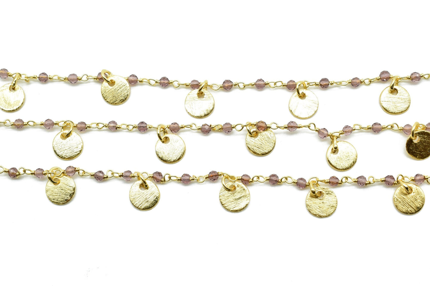 Amethyst 2mm Beaded & Circle Charm Chain,Gold Plated Rosary Chain,Wire Wrapping Gemstone Chain,Gemstone chain,Anti-Tarnish Finished chains
