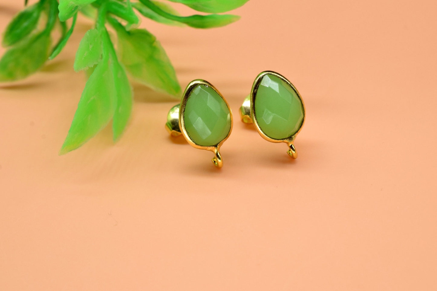 Chrysoprase 7x10mm Teardrop Earring Connector,Green Jewelry,bezel frame Connector,Ear Post Studs Connectors,Chrysoprase Ear Studs, Connector