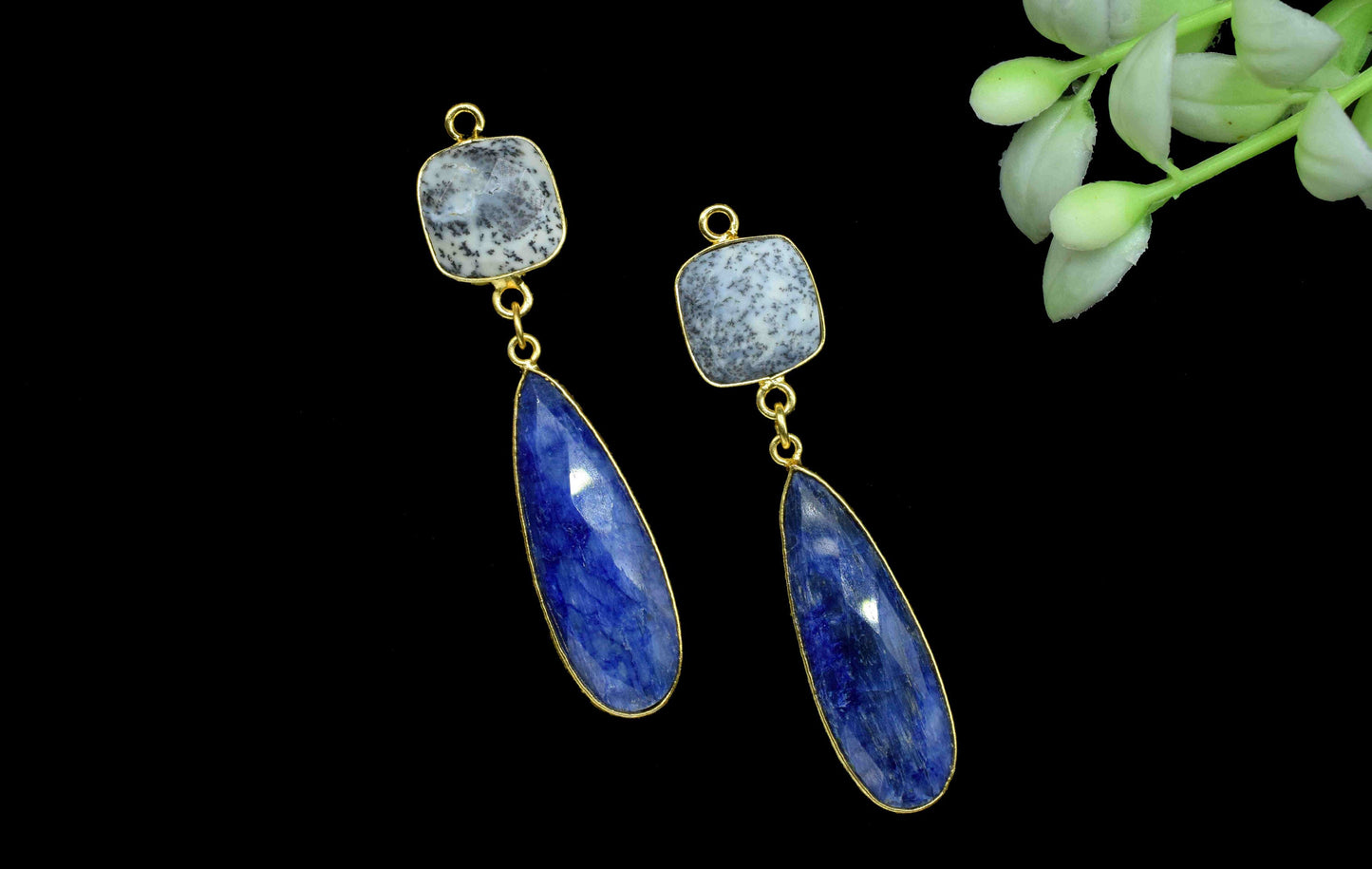 Multi Gemstone Dangle pendant Charms,Blue Sapphire pendant Connector,Dendrite Dangle Earring,Handmade pendant,Station Link,Component jewelry