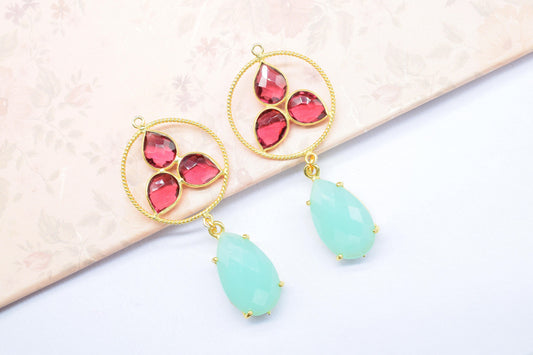 Pink Tourmaline Bezel Charms Connector/Aqua Chalcedony Prong Jewelry/Earring Connector/Station Bezel Link Pendant/Handmade Jewelry/Gift