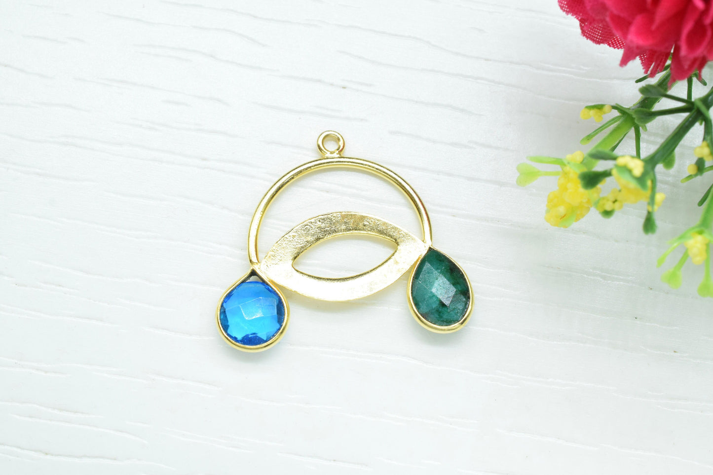 Multi Gemstone Pendant/Single Loop Charms/Teardrop shape Pendant/Emerald and Sky Topaz Pendant/Gemstone Components/Jewellery Making/DIYGift