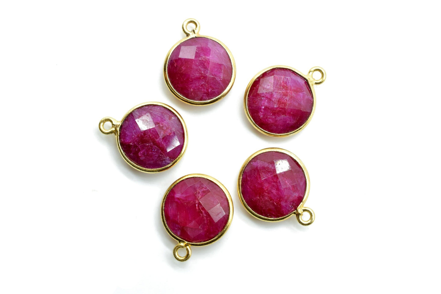 Natural Ruby 12mm charm,Ruby Pendant,Ruby Round Gold Plated bezel,Ruby Vermeil Bezel,Ruby jewelry making charm,Ruby Brass connector,Ruby