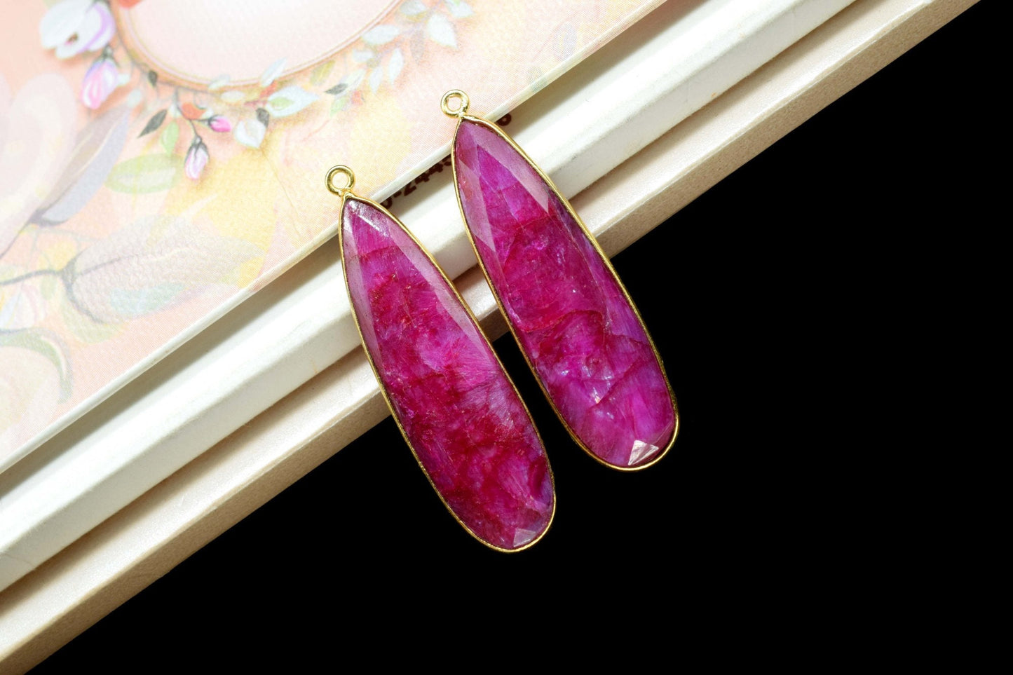 Ruby 10x36mm long pear Shape bezel,Gold Plated bezel,Ruby Bezel Connector- Gemstone Connector, Ruby Connector Bead,Gemstone charms Connector