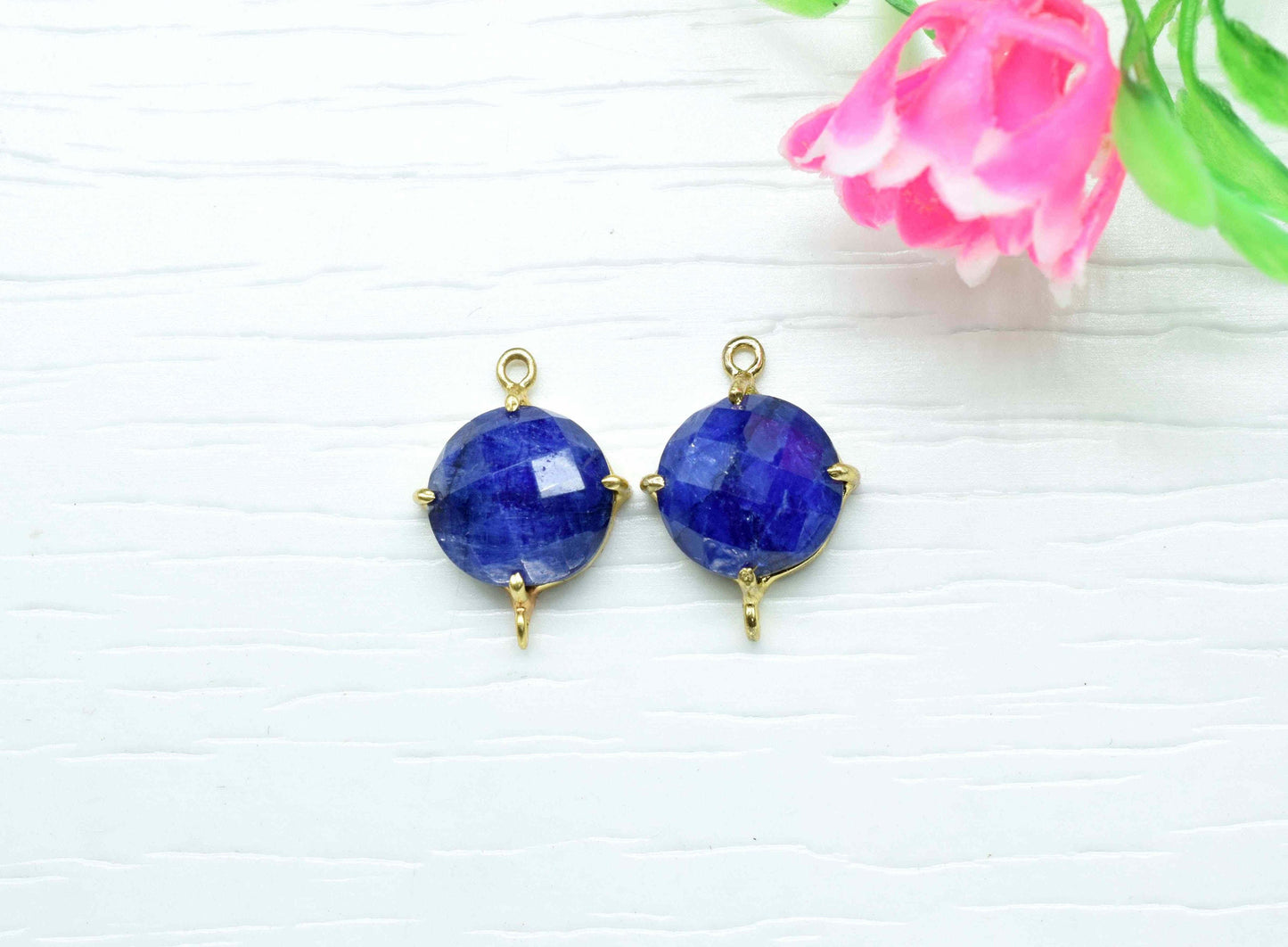 Blue Sapphire Round Connector,Charm for bracelet necklace Jewelry Making,Handmade Gemstone Bezel,Beads Prong Jewelry,double bail connector