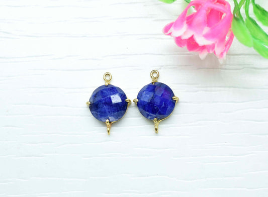 Blue Sapphire Round Connector,Charm for bracelet necklace Jewelry Making,Handmade Gemstone Bezel,Beads Prong Jewelry,double bail connector
