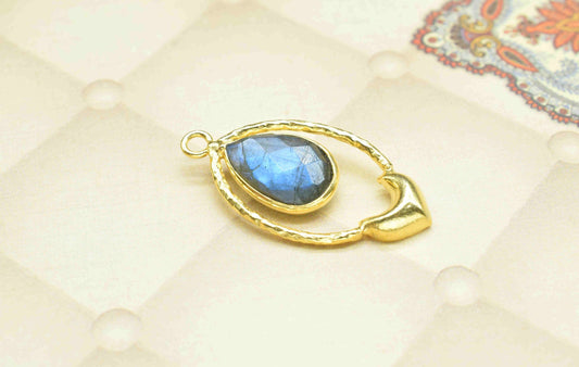 Labradorite Pear Shape Pendant , Labradorite Handmade Pendant , Multi Gemstone Charms , Gold Plated Gemstone Connectors , Summer Collection