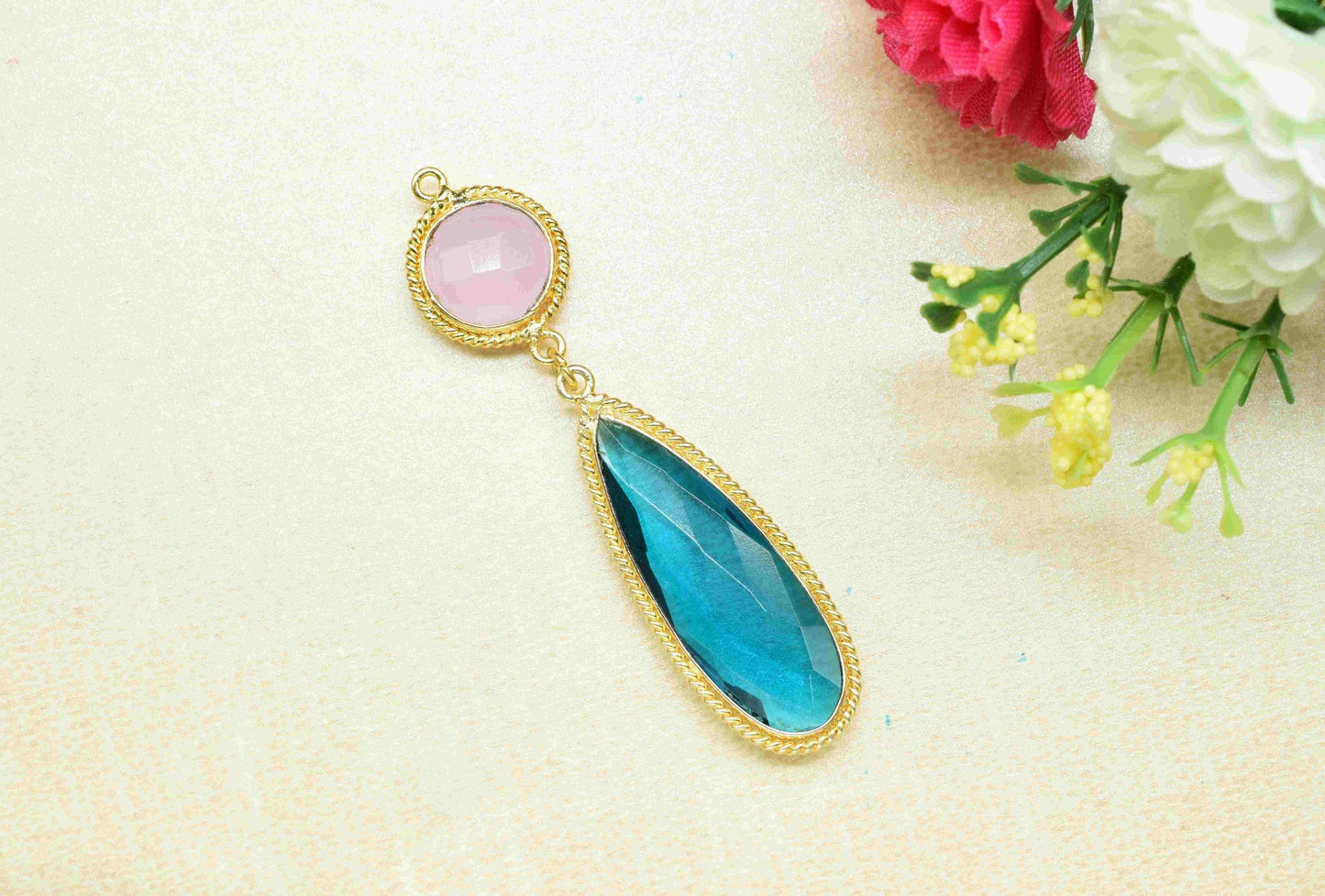 Rose Quartz  Pendant Charms , Neon Apatite Dangle Earring Component , Multi Gemstone Dangle Earring , Component Jewelry , B'day Gift