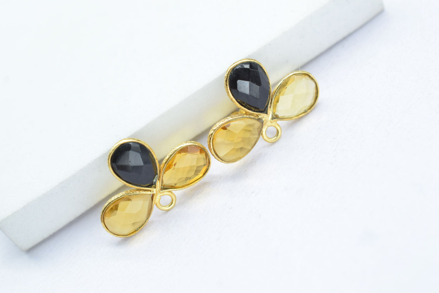 Black Onyx Gemstone Earring Connector/Gold Plated Jewelry/Citrine Handmade Jewelry/Bezel Component/Jewelry making Stone/Pear Shape Stone