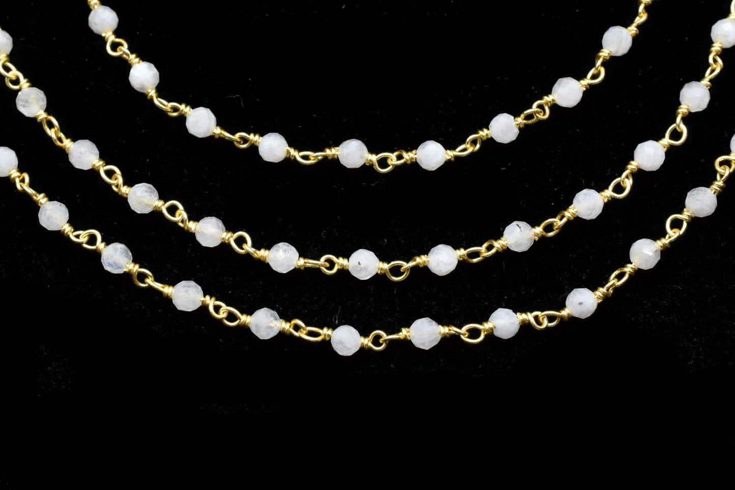 Moonstone 3mm Beaded Chain,Rainbow Moonstone Wire Wrapped Beaded Chain -Gold Rosary Style Chain -BuY in BULK,Rosary Chain,Brass Gold Plating