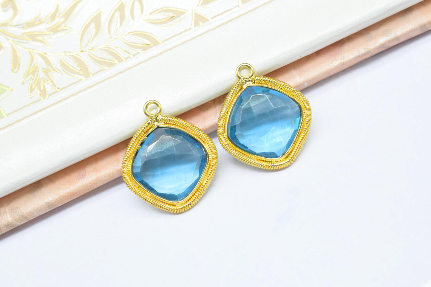 Sky Topaz 14mm Bezel Charms,Gemstone Cushion Bezel,Boho Pendant connectors,Single Bail Pendant,Handmade Charms,Component Pendant Jewelry