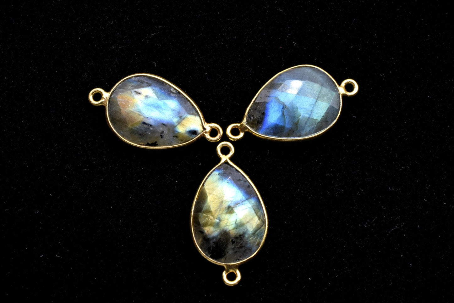 Labradorite 13x18mm Teardrop double bail connectors,Natural Labradorite Pear Checker Cut Gemstone- Pear Shape Gold Plated Bezel Connectors