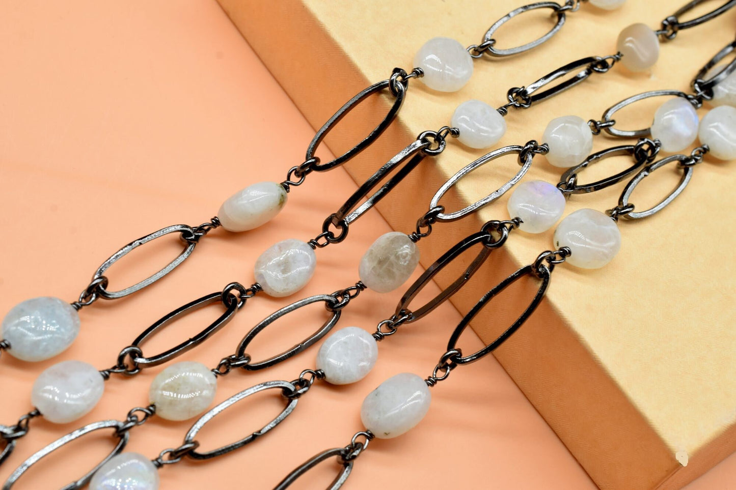 Natural Moonstone Bezel Chain,Rainbow Moonstone Smooth Bezel Chain,Moonstone Gemstone Bezel Continuous Connector Chain,Jewelry Making Chain