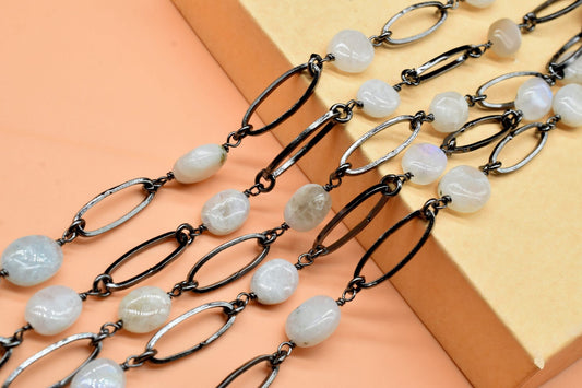 Natural Moonstone Bezel Chain,Rainbow Moonstone Smooth Bezel Chain,Moonstone Gemstone Bezel Continuous Connector Chain,Jewelry Making Chain