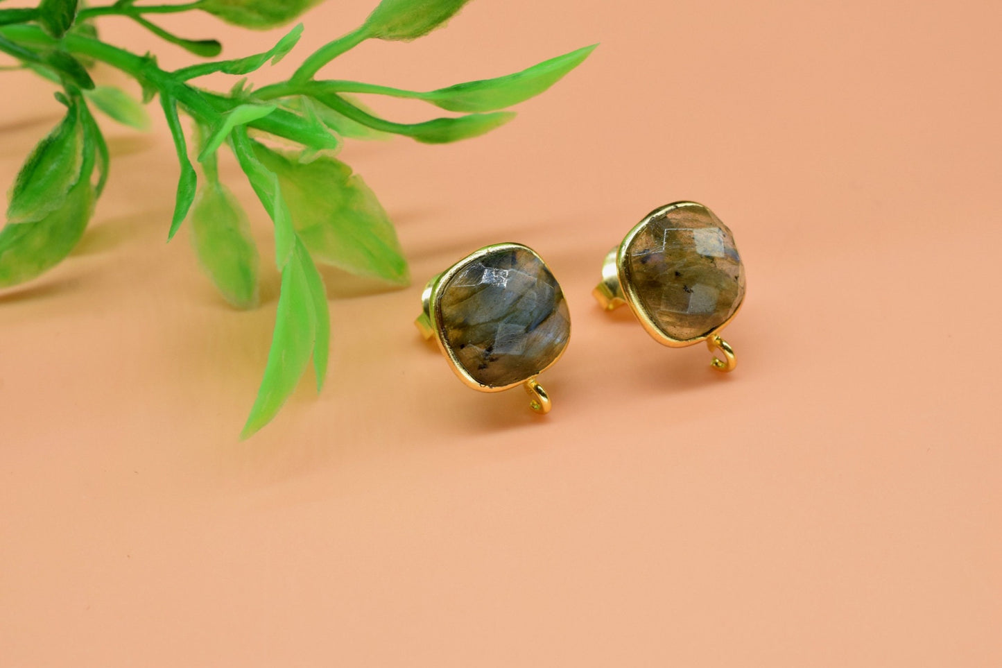 1 Pair Natural Labradorite 10mm Cushion Connector Post Stud,Earring Connectors,Labradorite Jewelry, Jewelry Findings,Single Loop Connectors