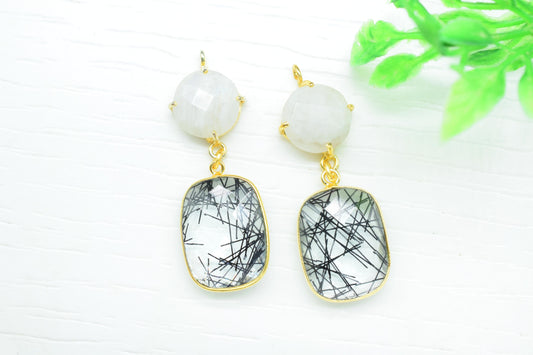 Moonstone Prong Setting Bezel Charm/Handmade jewelry/Black Onyx Connector/Earring Connector/Multi Stone Pendant/Station Bezel Link/Gift