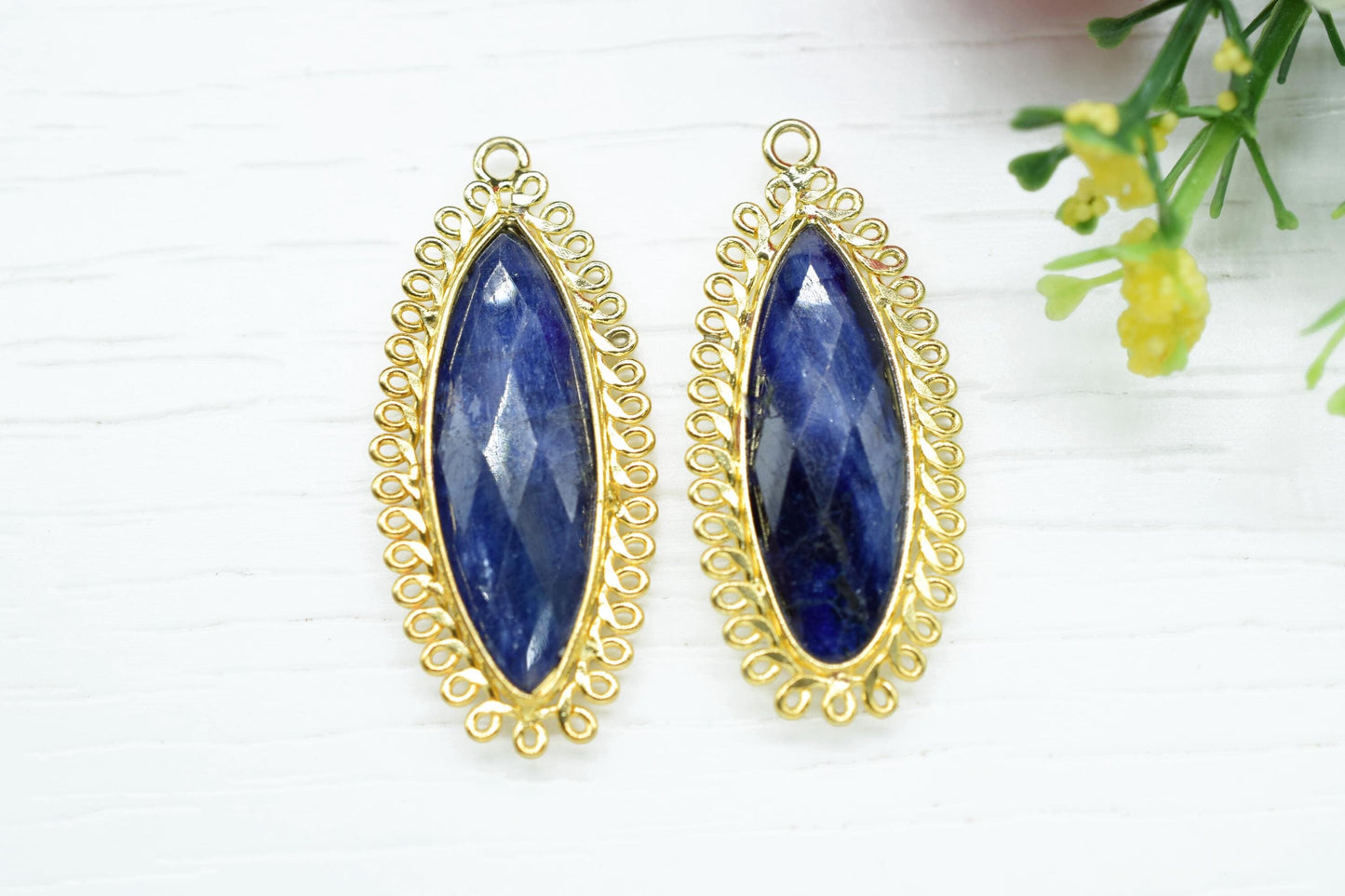 Blue Sapphire 10x30mm Teardrop Bezel Charm,Long charms,Gemstone Brass Component,Single Bail Pendant,Handmade Jewellery Connectors,B'day gift