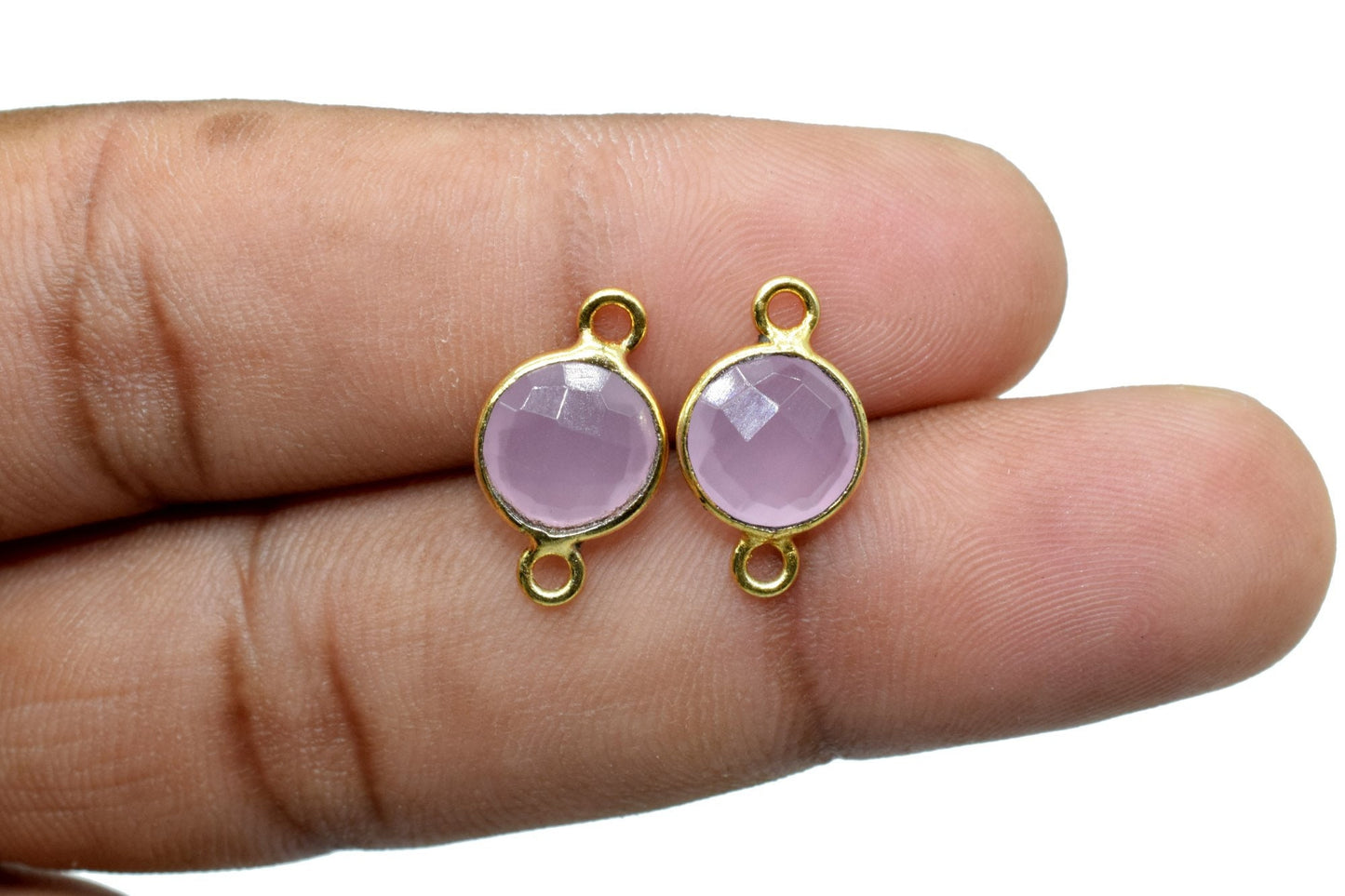 Rose Quartz 8mm round double bail connectors,Rose Quartz Pendant,Rose Quartz Round Gold Plated bezel,Rose Quartz Brass jewelry making charm,