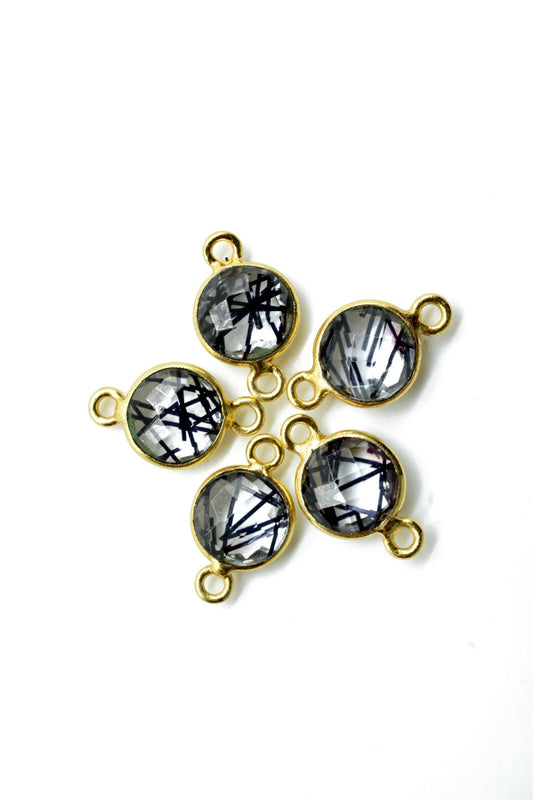 Black Rutile 8mm double bail connector,Black Rutile Pendant,Black Rutile Round Gold Plated bezel,jewelry making charm,Brass Rutile connector