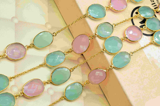 Aqua Chalcedony & Pink Chalcedony Oval Connector Chain,Gemstone Gold Plated Rosary Chain,Bezel chains, Chalcedony Gold Bezel Connector Chain