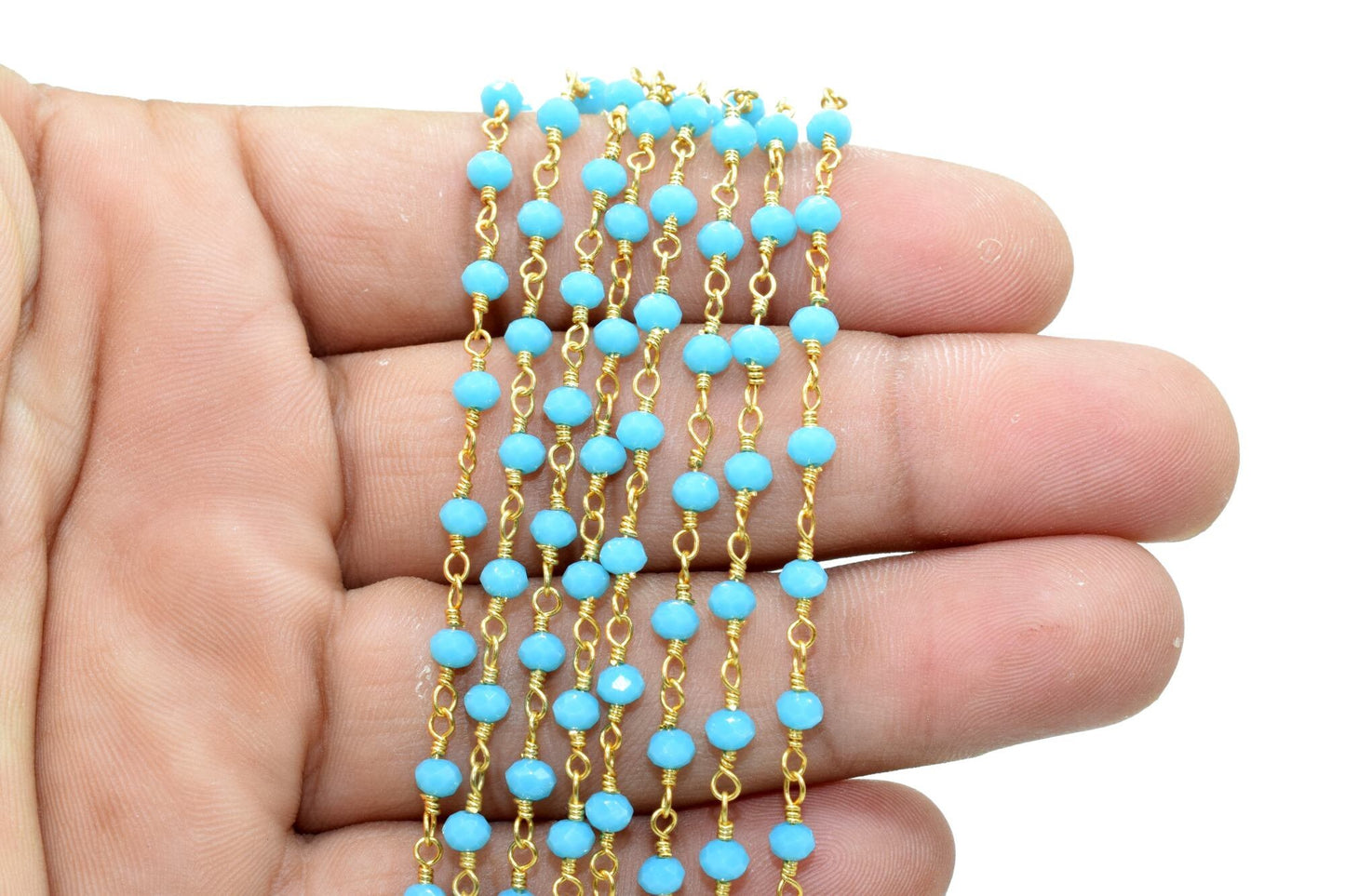 Turquoise Agate 3mm Beaded Chain,Turquoise Faceted Beads Wire Wrapped Chain,Brass chains,Jewelry Making Chain,Turquoise Beads rosary Chain