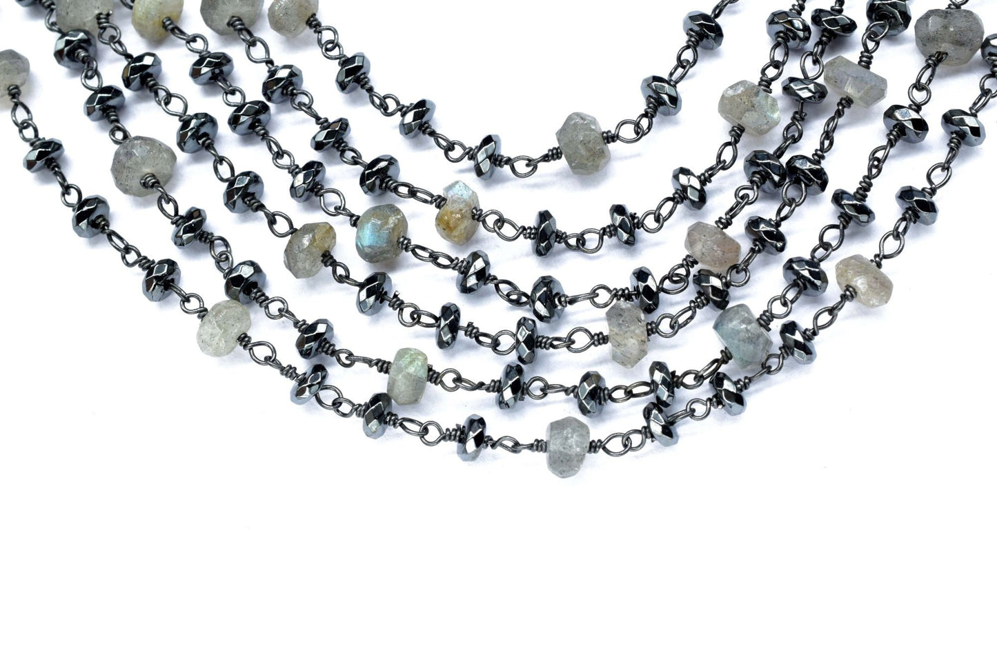 Labradorite 3mm Beaded Chain,Labradorite Rosary Chain,Gold Plating Wire Wrap Chain,Hematite Gemstone Rosary Chain ,dual gemstone beaded .