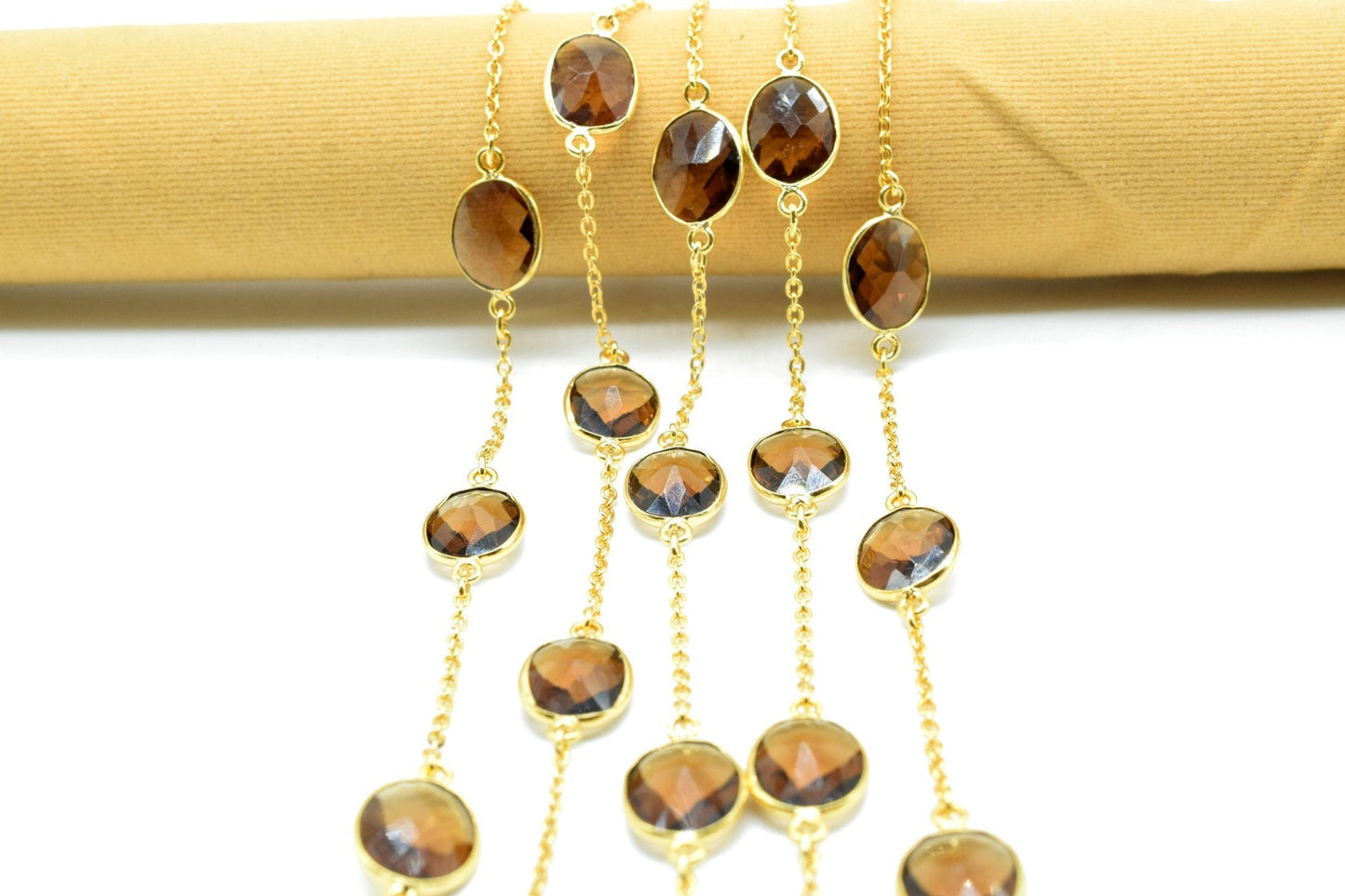 Smoky Quartz Gold Plated Bezel Chain Gemstone Connector, Oval Necklace Chain,Bezel Connector Chain,Selling Per Foot,Jewelry making chains