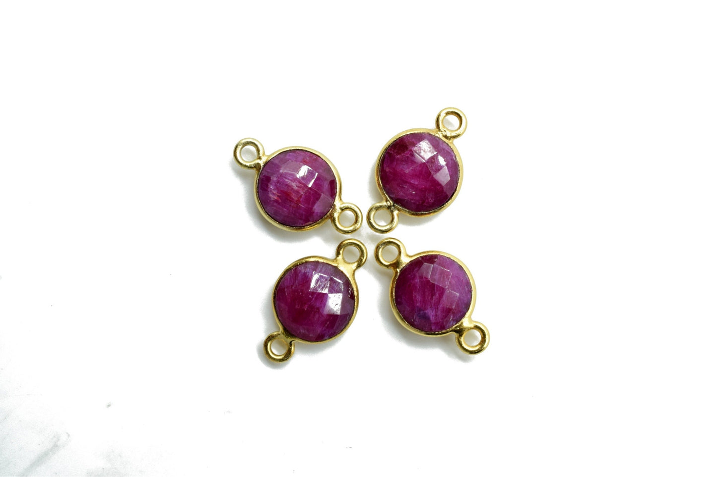 Natural Ruby 8mm round double loop connectors,Ruby Pendant,Ruby Round Gold Plated bezel,Bezel,Ruby jewelry making charm,Ruby Brass connector