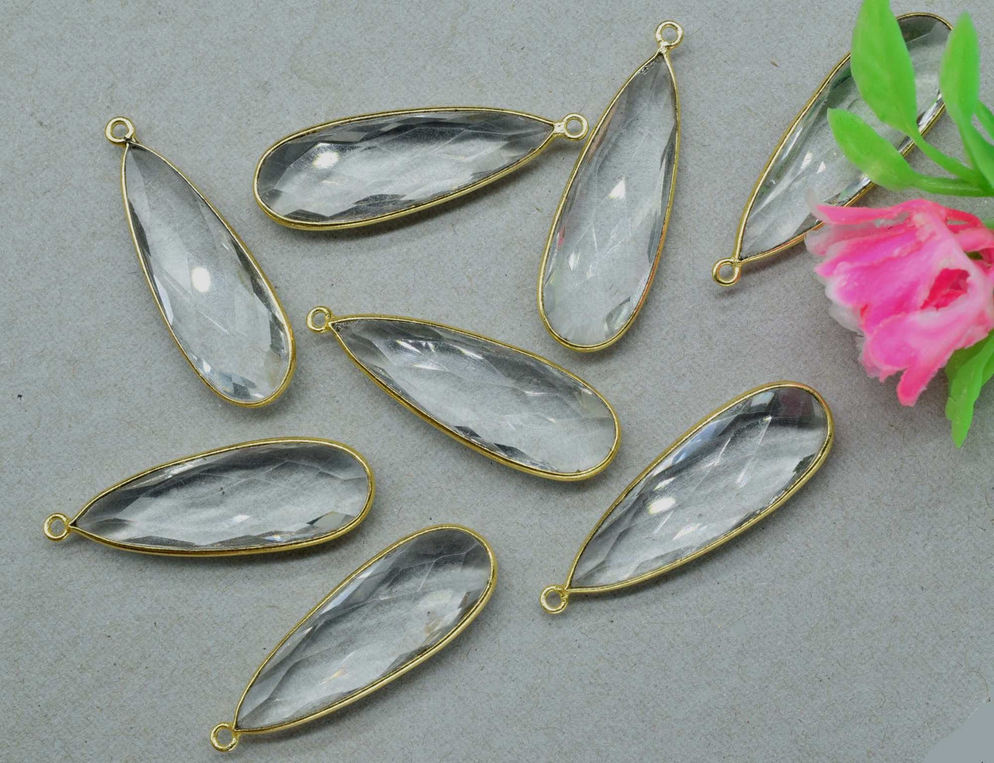 Crystal Quartz Faceted 10x30mm Pear shape charm,Crystal Quartz jewelry making charms,Crystal Quartz Gold Plated Pendant,Birthstone charms