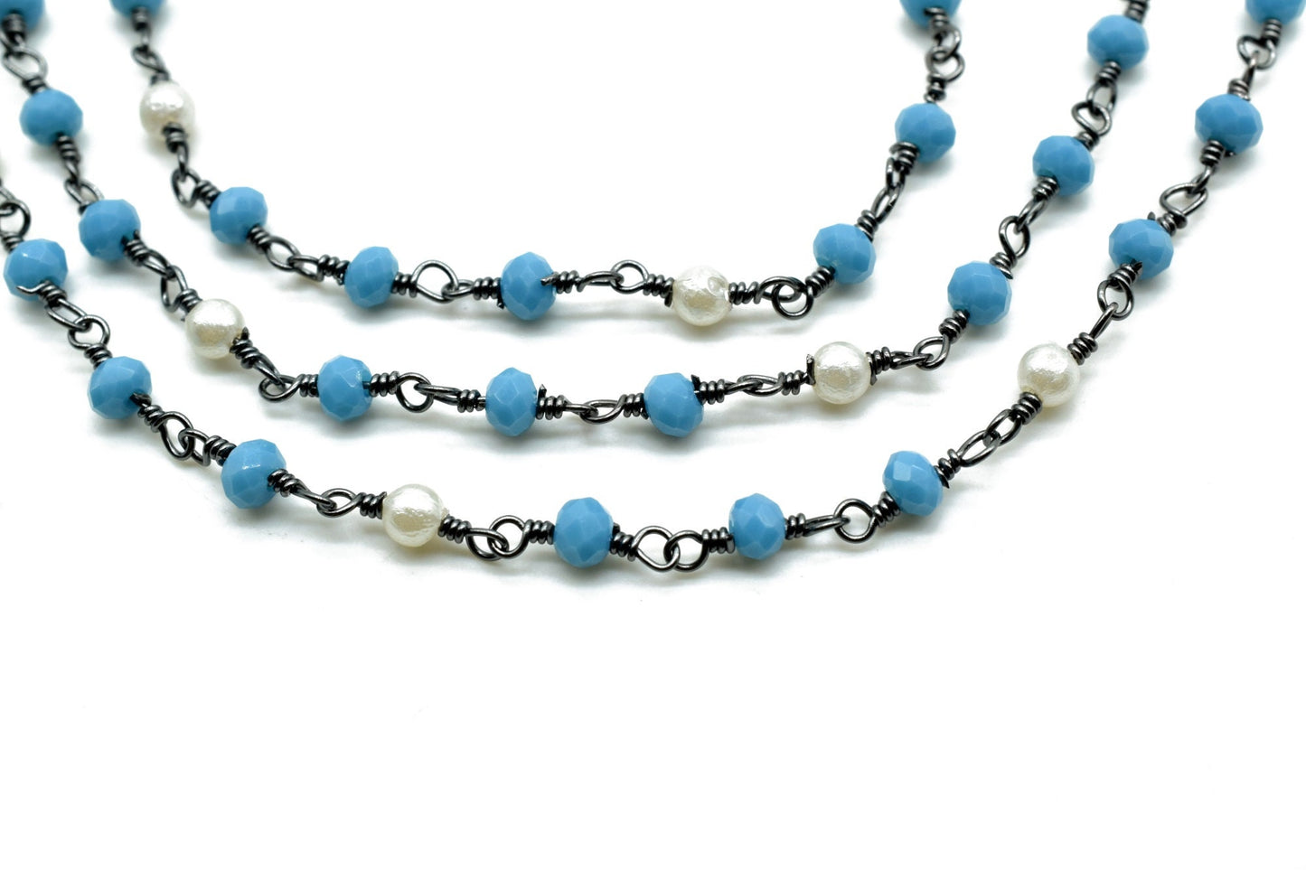 Turquoise Beaded Chain,Turquoise Faceted Beads Wire Wrapped Chain,pearl rosary ,Brass chains,Jewelry Making Chain,Turquoise Beads rosary