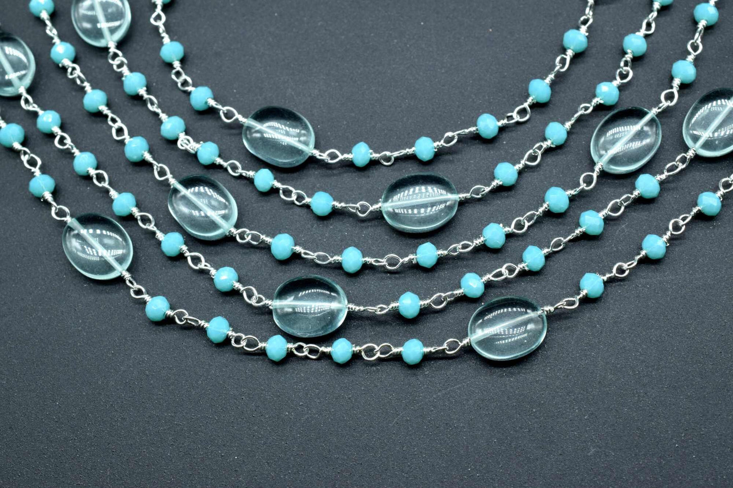 Natural Sky Topaz Smooth Oval Rosary Style Beaded Chain,Gold Plated Wire Wrapped Chain,Gemstone Linked Handmade Chain,Jewelry Making,